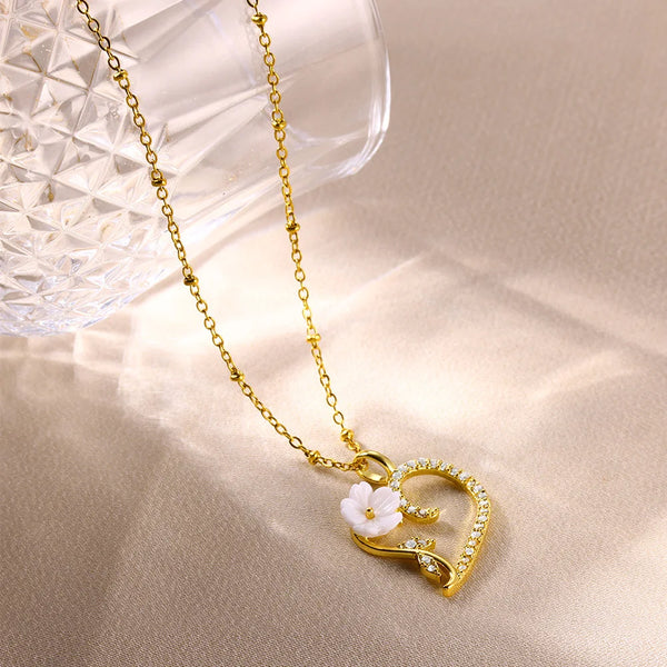 Gold Heart Necklace with Flower Zircon Pendant