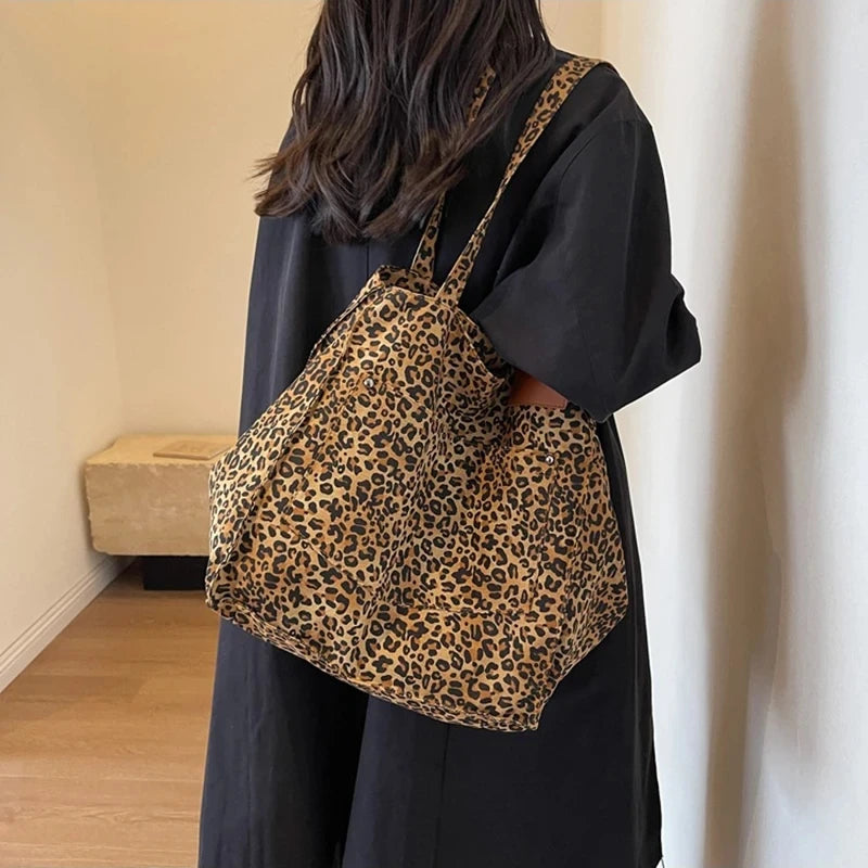 Leopard Pattern Tote Bag. Vintage Canvas Shoulder Bag.