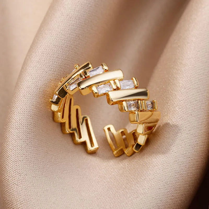 Gold Geometric Bar Ring with Zircon Accents