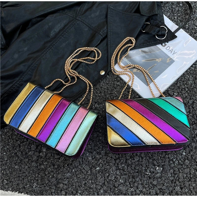 Rainbow Contrast Color Crossbody Shoulder Bag. Metal Chain Sling Bag