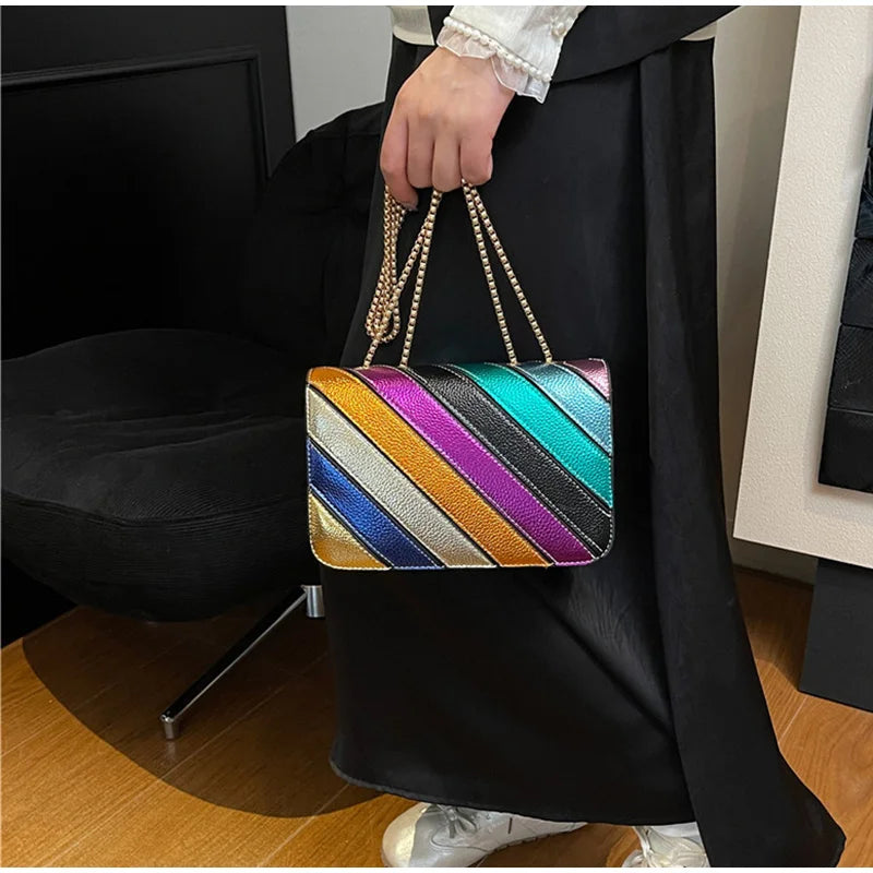 Rainbow Contrast Color Crossbody Shoulder Bag. Metal Chain Sling Bag