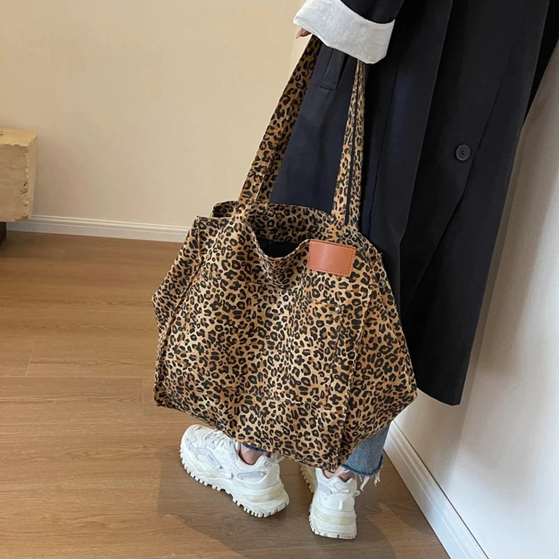Leopard Pattern Tote Bag. Vintage Canvas Shoulder Bag.