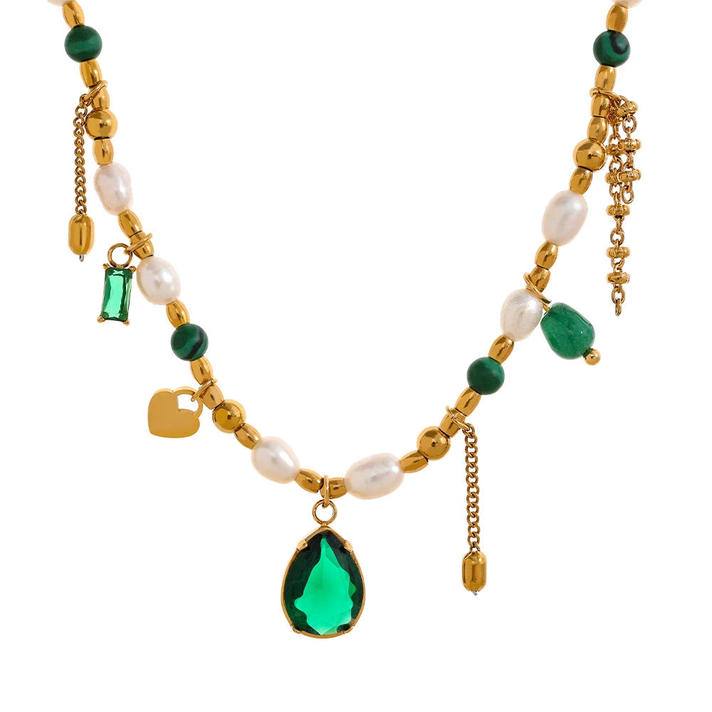 Green Zirconia & Pearl Pendant Necklace