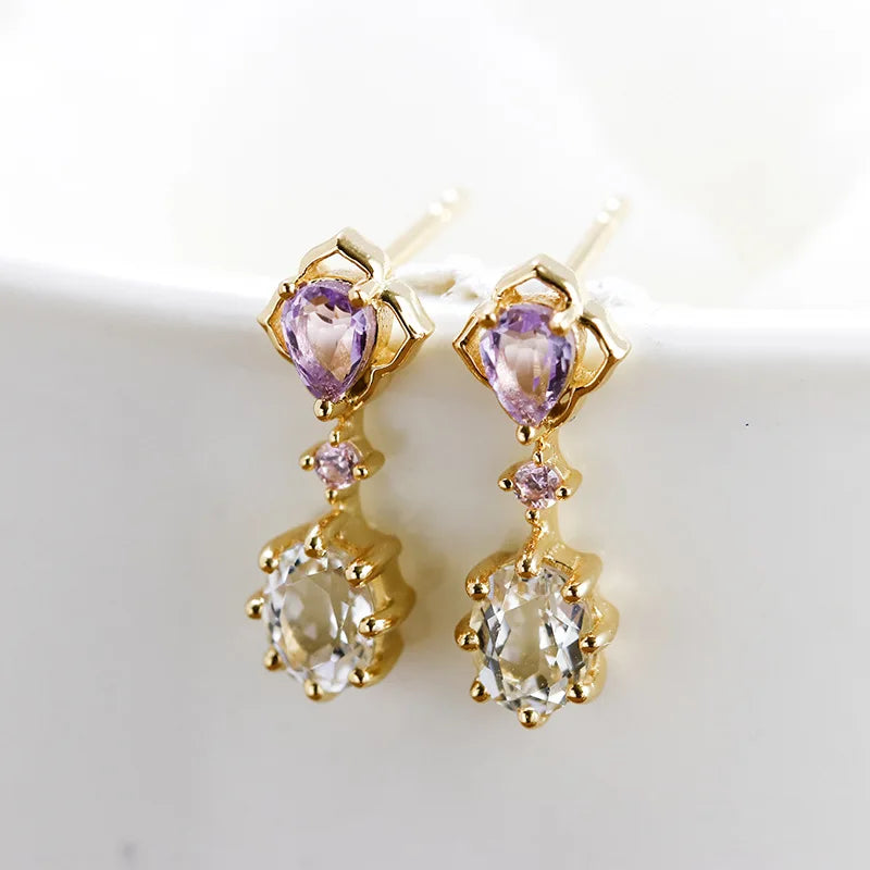 Natural Amethyst & Topaz Stud Earrings in Sterling Silver