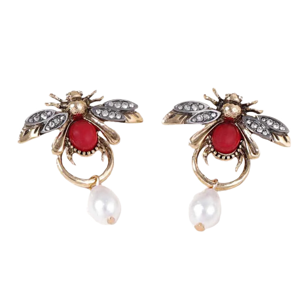 Vintage Bee Pearl Drop Earrings/Chain