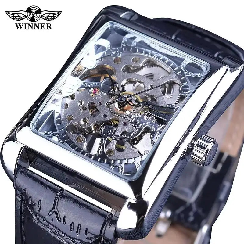 Retro Casual Rectangle Dial Design Golden Pattern Hollow Skeleton