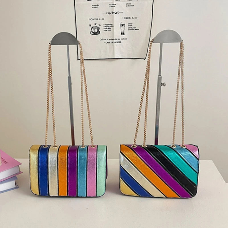 Rainbow Contrast Color Crossbody Shoulder Bag. Metal Chain Sling Bag