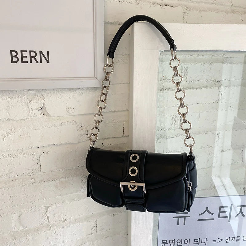 Retro Women's Chain Small Shoulder Bag Solid Color PU Leather Ladies Underarm Bags Fashion Female Armpit Bag Tote Purse Handbags
