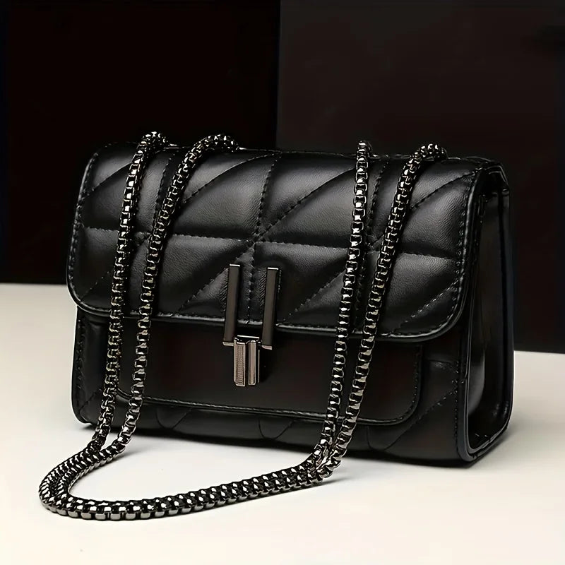 Elegant Black  Leather Shoulder Bag with Chain Strap - Light Luxury, Plaid Pattern with Turn-lock Closure