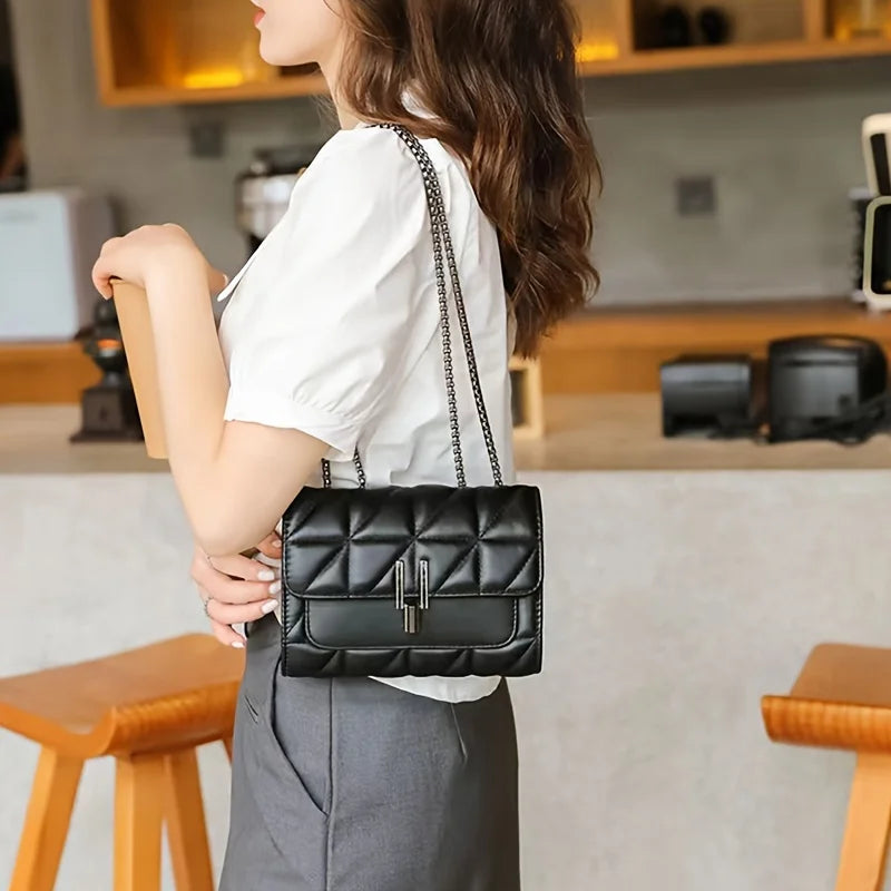 Elegant Black  Leather Shoulder Bag with Chain Strap - Light Luxury, Plaid Pattern with Turn-lock Closure