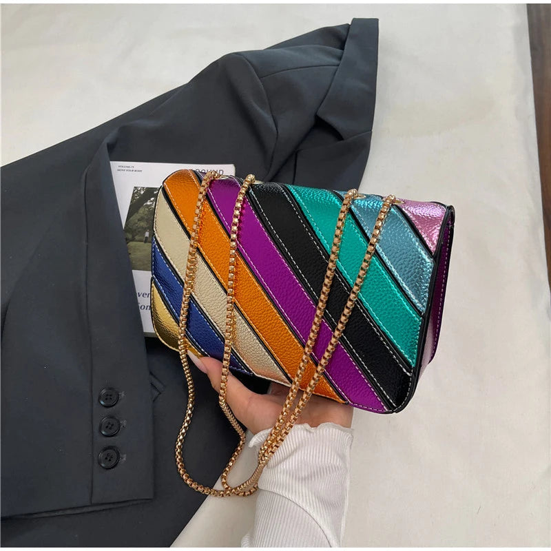 Rainbow Contrast Color Crossbody Shoulder Bag. Metal Chain Sling Bag