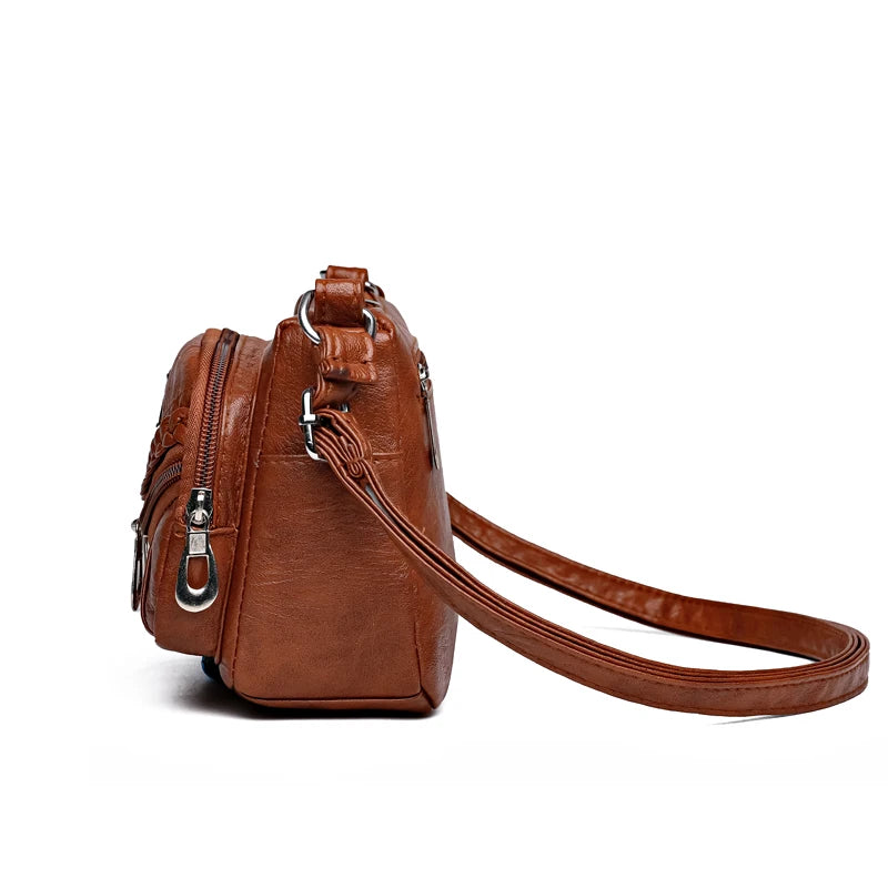Fashion trend four-season soft leather multi-compartment crossbody handbag