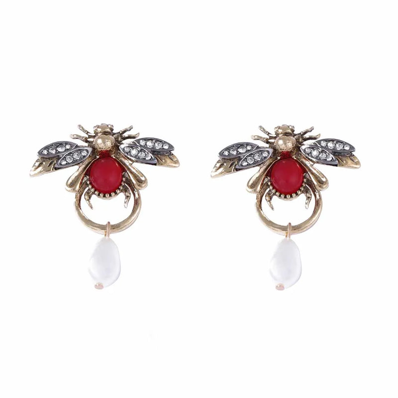 Vintage Bee Pearl Drop Earrings/Chain