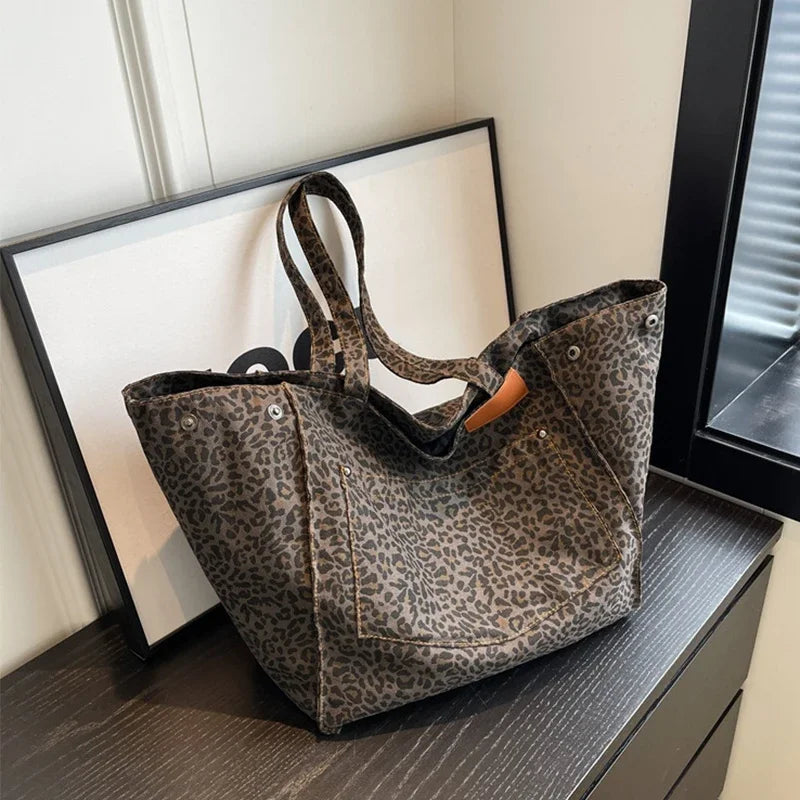 Leopard Pattern Tote Bag. Vintage Canvas Shoulder Bag.
