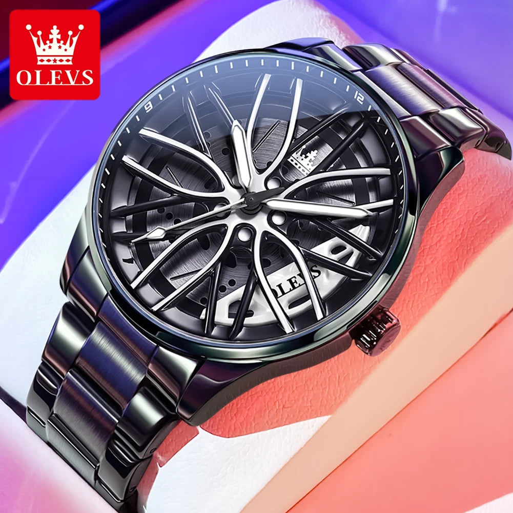 Quartz Watch for Men 360° Rotary Dial Sport Car Rim Wheel Hub Waterproof