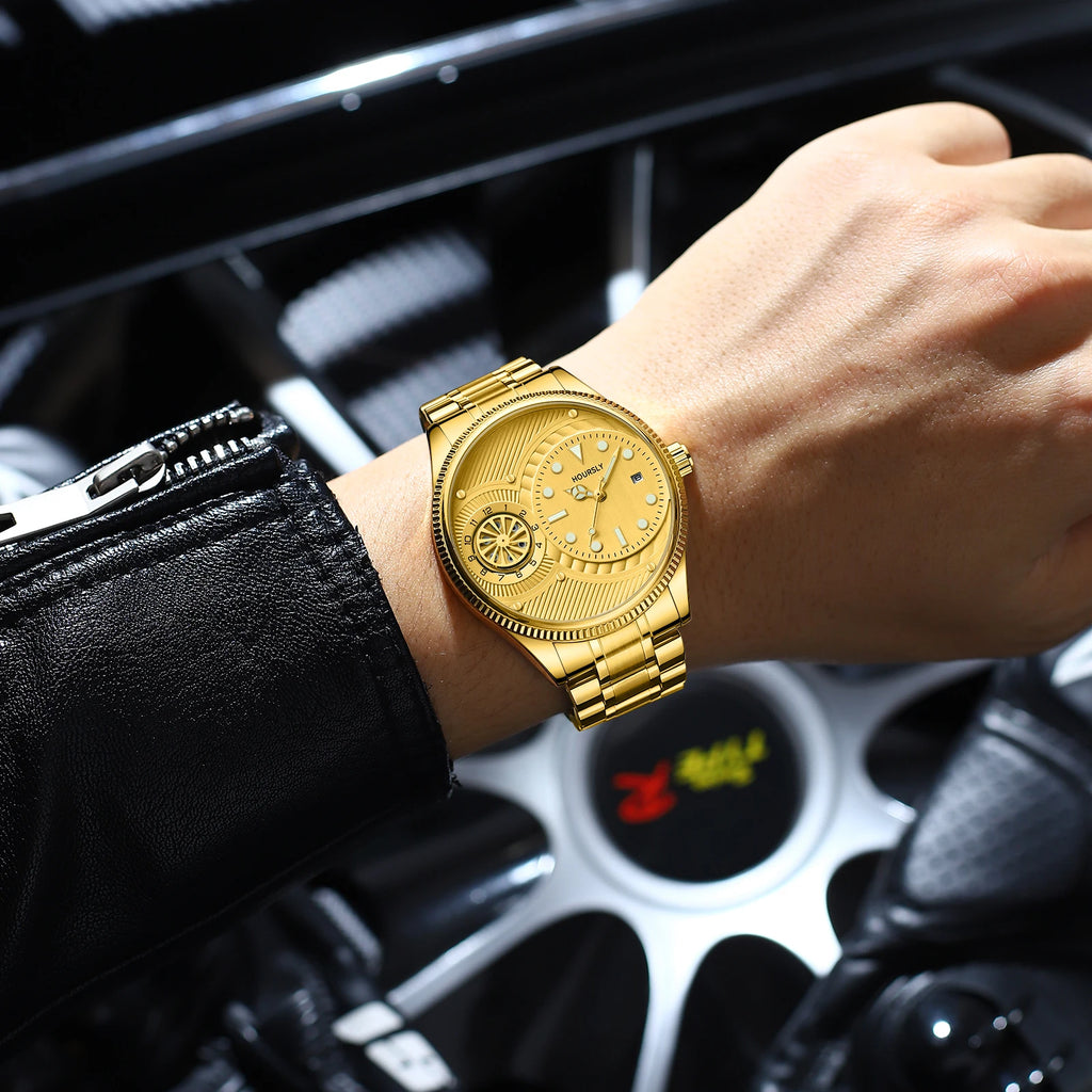Fashionable  men's watch. Simple circular dial with rotating turntable luminous calendar stainless steel