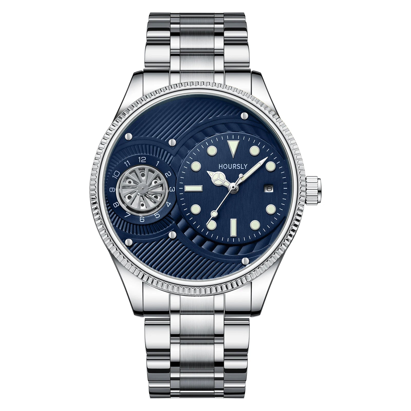 Fashionable  men's watch. Simple circular dial with rotating turntable luminous calendar stainless steel