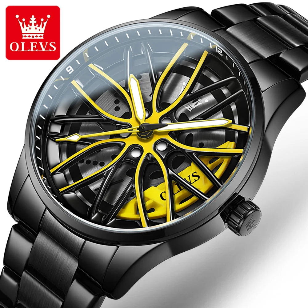 Quartz Watch for Men 360° Rotary Dial Sport Car Rim Wheel Hub Waterproof