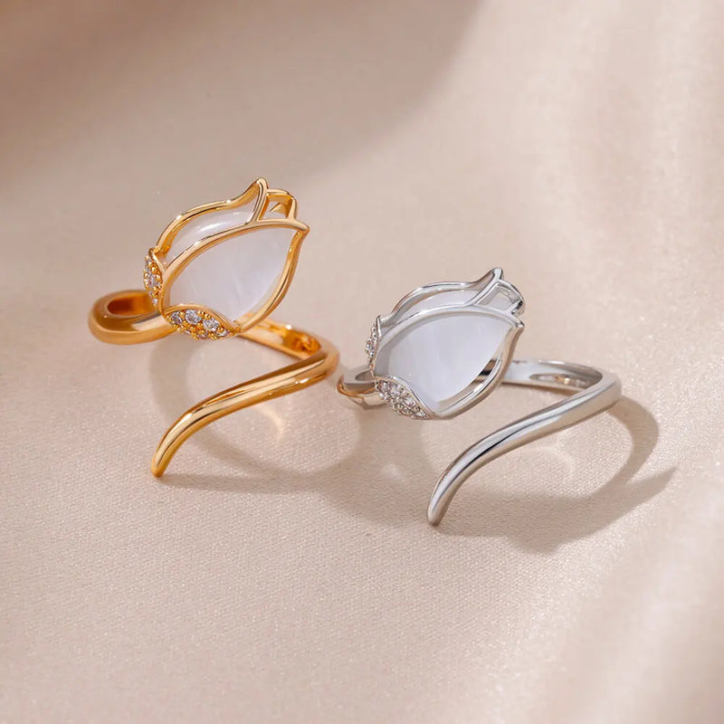 White Opal Tulip Flower Ring