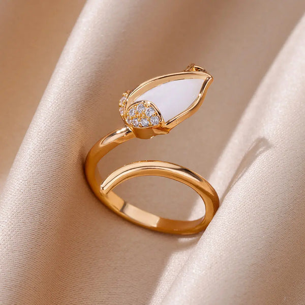 White Opal Tulip Flower Ring