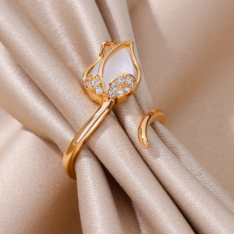 White Opal Tulip Flower Ring