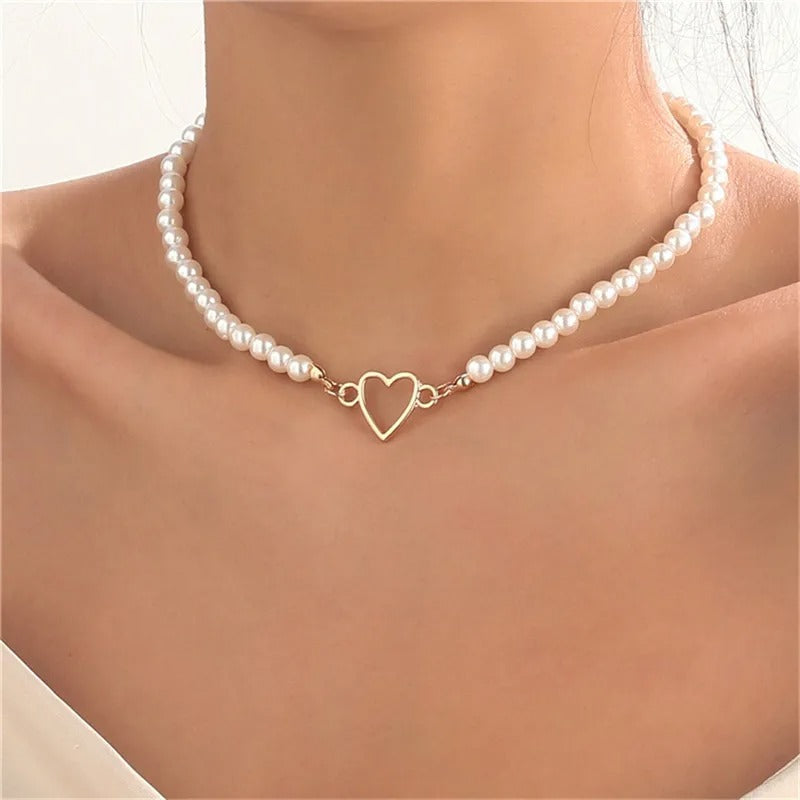 Heart Charm Pearl Necklace